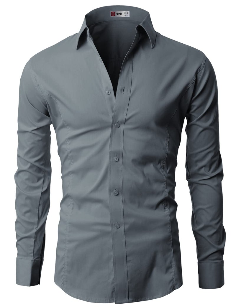 H2H Mens Wrinkle Free Slim Fit Dress shirts with Solid Long Sleeve GRAY US L (Asia XXL) (JASK 14) - Image 4